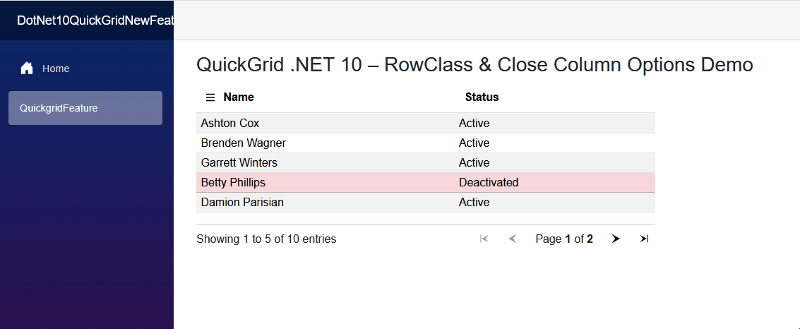 .NET 10 QuickGrid: Column Options Example