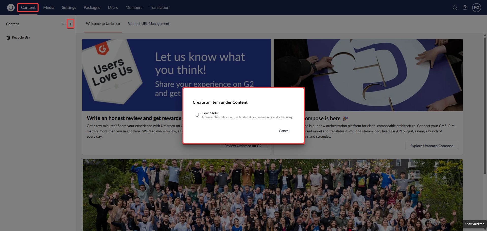 Create HeroSlider document in the content section