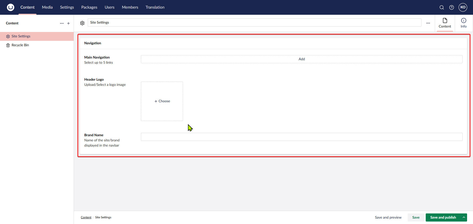 Properties of Site Settings document