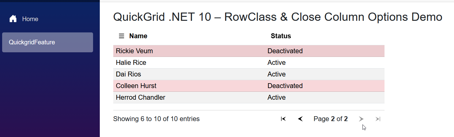 .NET 10 QuickGrid: Row Styling Exmple