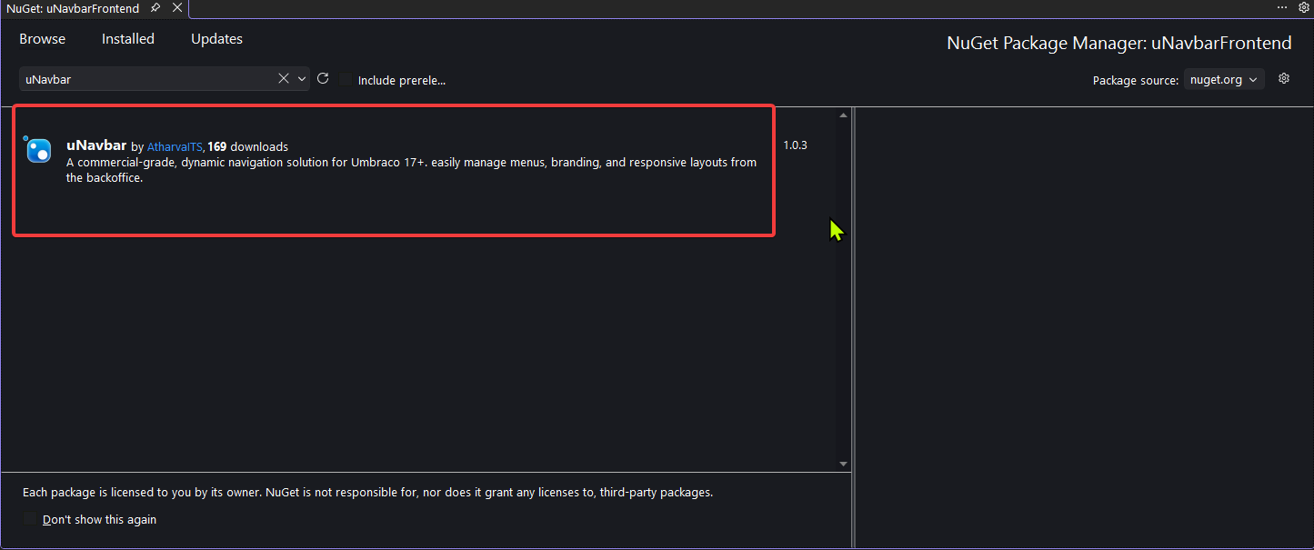 Install the uNavbar NuGet package